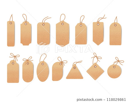 Rope bows tags. Paper cardboard labels with braided ribbon string, bow cord knot sale price blank tag thread hanging gift empty emblem different shape swanky vector illustration 118029861