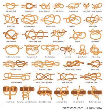 Rope knots types. Nautical knot cartoon cord loop node overhand square bowline sailor bend fisherman yachting marine ship connect, thread string nodes swanky vector illustration 118029867