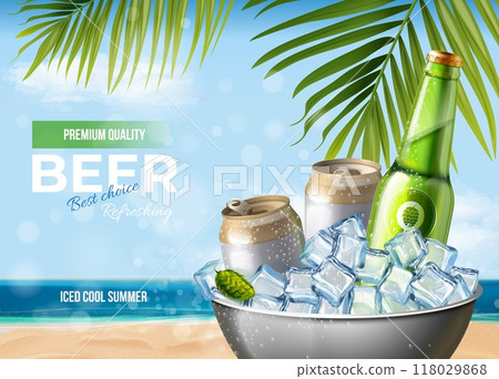Ice beer can. Frozen alcohol soda beverage aluminium cans with iced cubes in bucket, refreshment drink branding product packaging advertising realistic 3d exact vector illustration 118029868