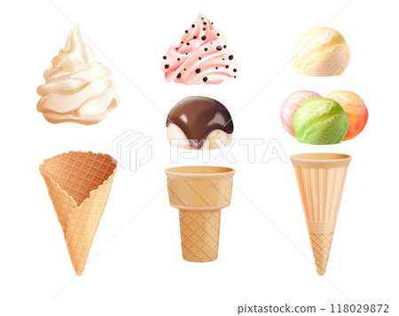 Ice cream constructor. Soft icecream ball creating kit shop, frozen milk sweets toppings scoop waffle cone cup sorbet yogurt chocolate vanilla flavors, exact vector illustration 118029872