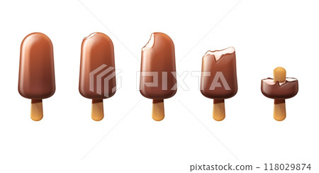 Popsicle bites. Realistic bitten icecream stages, popsicles bars on stick chocolate cover ice cream eskimo bite eating animation, summer frozen candy, exact vector illustration 118029874