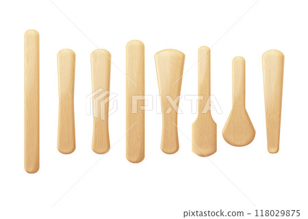 Realistic popsicle sticks. 3d popsicles wooden stick different form, craft ice cream tongue wood texture lolly hand stickes pop sticked frozen dessert, exact vector illustration 118029875