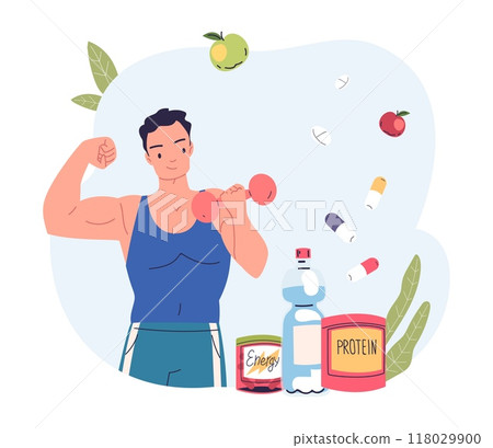 People sport nutrition. Atlete man with dumbbell and healthy food protein supplement for gym training bodybuilding exercise muscle power guy fitness workout vector illustration 118029900