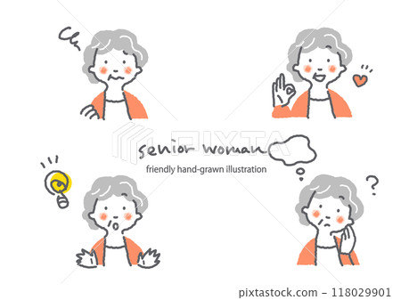Senior woman facial expression set Simple and stylish character illustration 118029901