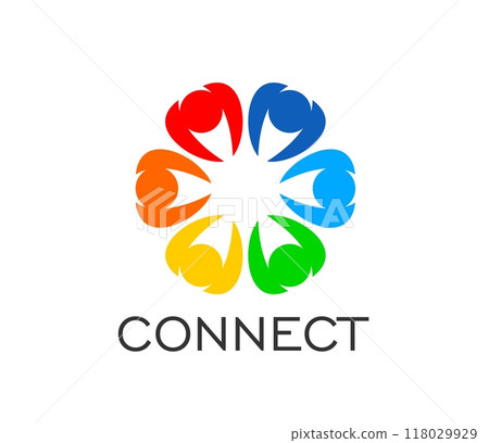 Family connect people together icon, teamwork or union and community. Vector emblem, vibrant flower of interconnected human figures, symbolizing unity, diversity, team collaboration and relationships 118029929