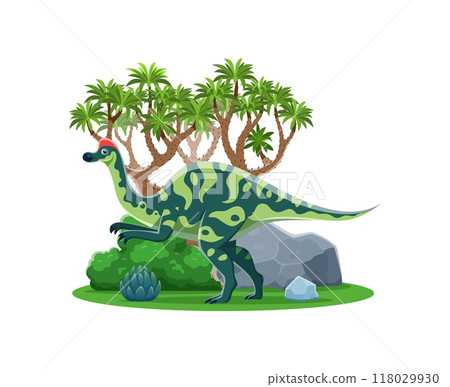Cartoon dinosaur lizard Hypacrosaurus for prehistoric dino collection, vector character. Funny prehistoric dinosaur Hypacrosaurus on two legs with duckbill in jungle forest, Jurassic or Cretaceous era 118029930