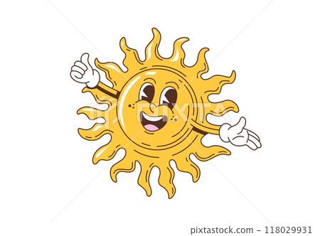 Retro groovy sun character. Isolated cartoon vector sunny personage with a big, joyful smile, vibrant rays beaming, arms outstretched, exude summer warmth and happiness with positive facial expression Retro groovy sun character. Isolated cartoon vector sunny personage with a big, joyful smile, vibrant rays beaming, arms outstretched, exude summer warmth and happiness with positive facial expression 118029931