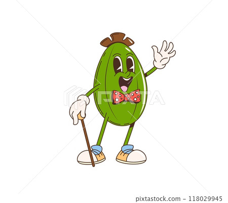 Groovy retro cartoon feijoa fruit gentleman character, vector funky comic art. Cartoon groovy feijoa fruit in retro bowtie with vintage stick cane, funny cute fruit character for funky 70s art emoji 118029945