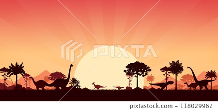 Prehistoric dinosaur silhouettes at sunset sky with mountains and trees. Vector background of jurassic dino animals and prehistoric nature landscape. Tyrannosaurus, allosaurus and vulcanodon dinosaurs Prehistoric dinosaur silhouettes at sunset sky with mountains and trees. Vector background of jurassic dino animals and prehistoric nature landscape. Tyrannosaurus, allosaurus and vulcanodon dinosaurs 118029962