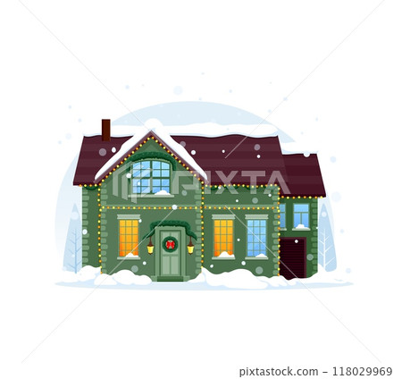 Isolated Christmas winter house facade with snow on roof cartoon vector building exterior. Winter town home with chimney, Christmas lights garland and wreath decoration on door with snowfall 118029969