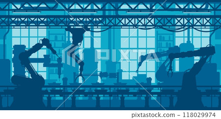 Robot conveyor at machine industry factory, robotic automation technology, vector background. Industrial factory and production line conveyor with robot arms for automated machines manufacture Robot conveyor at machine industry factory, robotic automation technology, vector background. Industrial factory and production line conveyor with robot arms for automated machines manufacture 118029974