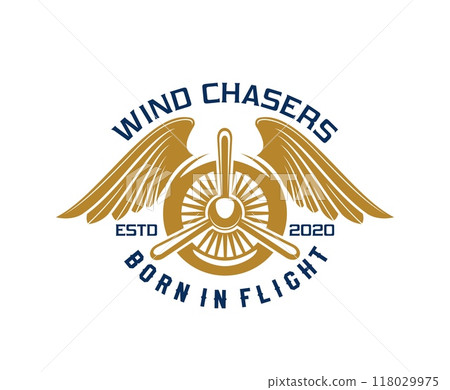 Airplane and aircraft icon or aviation badge for pilot or aviator, vector emblem. Airplane propeller with eagle bird wings, wind chasers born in flight quote for t-shirt print, air or aviation academy 118029975