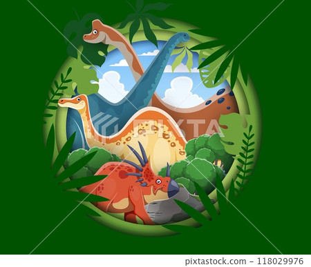 Prehistoric cartoon dinosaurs in paper cut banner of Jurassic park jungle, vector background. Funny dinosaur styracosaurus with brontosaurus, pelorosaurus and deinocherus lizard in papercut forest 118029976