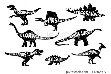 Dinosaurs silhouettes with lettering dino names of Jurassic era lizards, vector icons. Cartoon prehistoric dinosaurs silhouettes with species names lettering for T-rex tyrannosaurus and velociraptor Dinosaurs silhouettes with lettering dino names of Jurassic era lizards, vector icons. Cartoon prehistoric dinosaurs silhouettes with species names lettering for T-rex tyrannosaurus and velociraptor 118029978