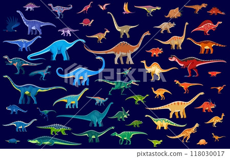 Color prehistoric dinosaurs vector background. Cartoon cute dino animals characters, jurassic dinosaurs and pterosaurs. Funny tyrannosaurus rex, triceratops, brachiosaurus and brontosaurus personages Color prehistoric dinosaurs vector background. Cartoon cute dino animals characters, jurassic dinosaurs and pterosaurs. Funny tyrannosaurus rex, triceratops, brachiosaurus and brontosaurus personages 118030017