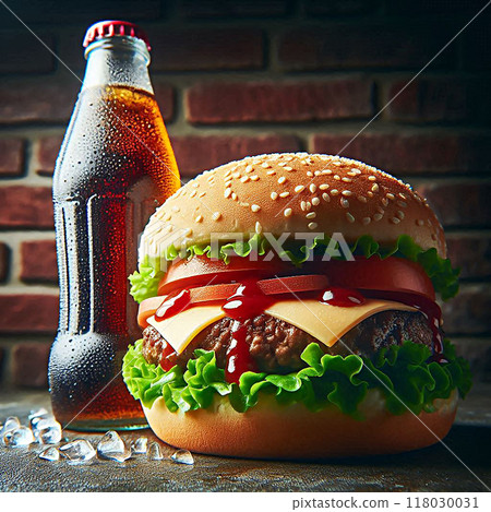 A cheeseburger with lettuce tomato cheese beef patty sesame bun next to a chilled soda bottle. 118030031