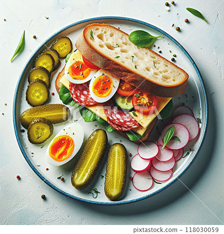 A plate with an open sandwich layered with salami cheese cucumber radish egg pickles garnished with herbs and spices. 118030059