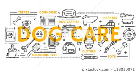 Dog pet care line icons vector set include treats, doghouse, carrier and harness. Grooming tools like scissors and brushes, clothes and toys, bones, canned food. Production for domestic canine animals 118030071