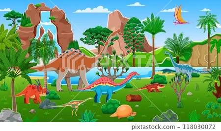 Cartoon prehistoric dinosaurs characters and Jurassic lizards in jungles forest, vector background. Kids dino park or paleontology museum and dinosaurs atlas with funny lizards of prehistoric era 118030072