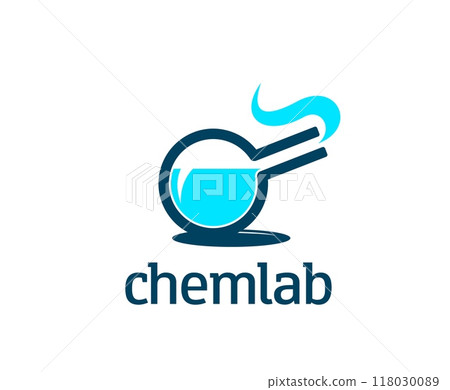 Science lab icon. Isolated vector emblem for scientific chemical laboratory with round-bottom flask containing a blue liquid and emitting a small wisp of vapor, and word chemlab in sans-serif typeface Science lab icon. Isolated vector emblem for scientific chemical laboratory with round-bottom flask containing a blue liquid and emitting a small wisp of vapor, and word chemlab in sans-serif typeface 118030089