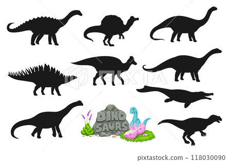 Dinosaur silhouettes, vector prehistoric animals with cartoon baby dino in eggshell and volcano rock. Jurassic giant dinosaurs and prehistoric reptiles set. Amygdalodon, lexovisaurus, oxalaia dinos Dinosaur silhouettes, vector prehistoric animals with cartoon baby dino in eggshell and volcano rock. Jurassic giant dinosaurs and prehistoric reptiles set. Amygdalodon, lexovisaurus, oxalaia dinos 118030090