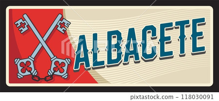 Albacete province of Spain vintage travel plate. Spain region plate, vintage sign with coat of arms key, province flag and vintage typography. Autonomous community of Castilla La Mancha Albacete province of Spain vintage travel plate. Spain region plate, vintage sign with coat of arms key, province flag and vintage typography. Autonomous community of Castilla La Mancha 118030091