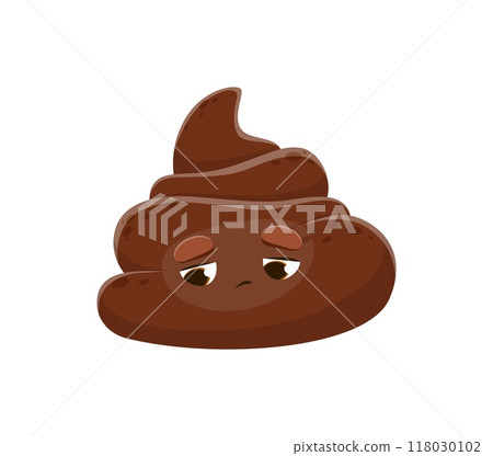 Cartoon poop emoji and poo emoticon with sad face expression, vector character. Cartoon poop with upset unhappy dull face for smile emoji or emoticon sticker of comic toilet excrement or cute poo Cartoon poop emoji and poo emoticon with sad face expression, vector character. Cartoon poop with upset unhappy dull face for smile emoji or emoticon sticker of comic toilet excrement or cute poo 118030102