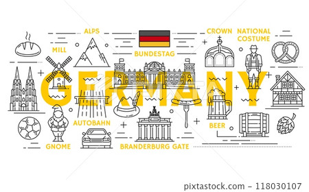 Germany travel, culture and landmarks with sightseeing attractions, vector line icons. Germany flag and national landmarks of Berlin Brandenburg gate and Bavaria beer with architecture 118030107