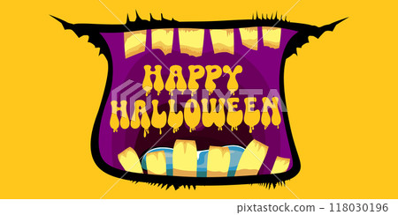 Vector Happy halloween cartoon greeting card with funny zombie monster open mouth with rotten teeth isolated on orange background. Vector Halloween poster and flyer with funny orange monster mouth. 118030196