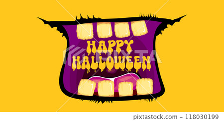 Vector Happy halloween cartoon greeting card with funny zombie monster open mouth with rotten teeth isolated on orange background. Vector Halloween poster and flyer with funny orange monster mouth. Vector Happy halloween cartoon greeting card with funny zombie monster open mouth with rotten teeth isolated on orange background. Vector Halloween poster and flyer with funny orange monster mouth. 118030199