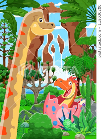 Cartoon prehistoric dinosaurs. Vector engaging scene with funny brachiosaurus character and newborn baby dino hatching from the egg amidst lush jungle landscape with a waterfall and tropical greenery Cartoon prehistoric dinosaurs. Vector engaging scene with funny brachiosaurus character and newborn baby dino hatching from the egg amidst lush jungle landscape with a waterfall and tropical greenery 118030200