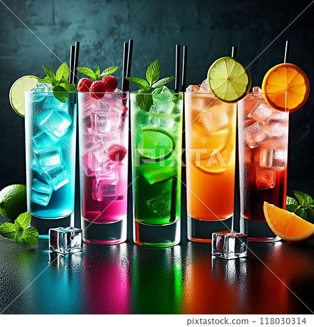 Five colorful cocktails with ice garnish with fruits and mint on a dark background creating a vibrant and refreshing scene. 118030314
