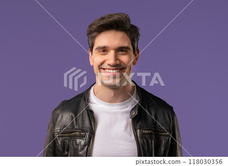 Headshot friendly man smiling,confident happy stylish guy portrait,violet studio 118030356