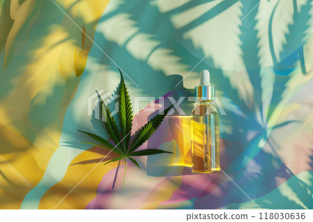 Cannabis leaf and CBD oil dropper bottle on colorful abstract background with soft shadows Cannabis leaf and CBD oil dropper bottle on colorful abstract background with soft shadows 118030636