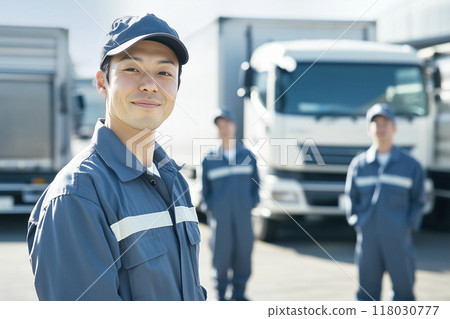 AI 產生的圖像：一名年輕人站在配送倉庫卡車前的肖像 118030777
