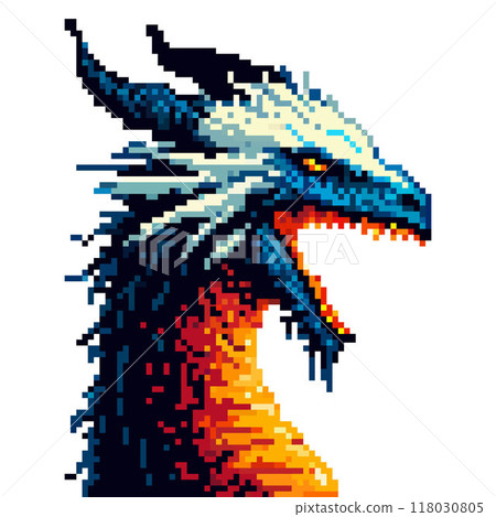 Pixel art dragon head: a majestic creature with bright blue and white scales, a fiery orange neck on a white background. 118030805