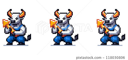 A pixelated bull with horns and a tail in a blue jumpsuit stands in a fighting stance, holding a golden arrow in his hands. Graph up. 118030806