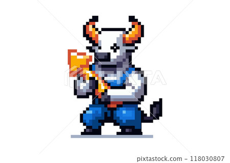 A pixelated bull with horns and a tail in a blue jumpsuit stands in a fighting stance, holding a golden arrow in his hands. Graph up. 118030807