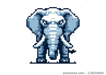 Pixel art depiction of a blue and white elephant facing forward with large ears and tusks. 118030809