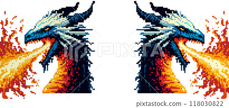 A pixel art dragon with sharp horns and scales emits vibrant flames from its open maw against a plain background. 118030822