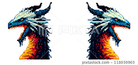 Pixel art dragon head: a majestic creature with bright blue and white scales, a fiery orange neck on a white background. 118030903