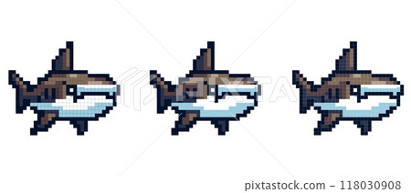 Colorful pixel art illustration of a shark on a white background. Perfect for gaming, retro design, and digital art projects. Colorful pixel art illustration of a shark on a white background. Perfect for gaming, retro design, and digital art projects. 118030908