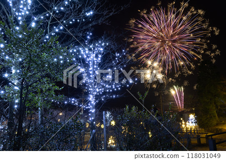 Winter illuminations and fireworks night view background material 118031049