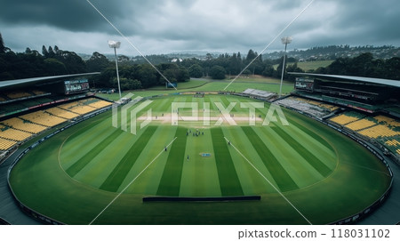Wide view of cricket stadium during match. Cricket match in progress at stadium with lush green pitch, players in action, and crowd watching from stands. 118031102