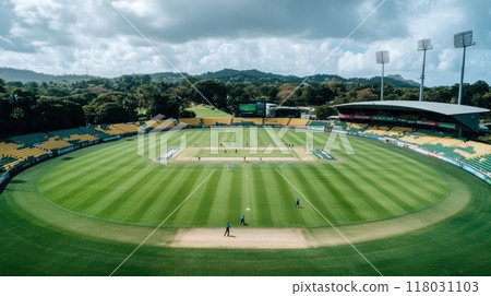 Wide view of cricket stadium during match. Cricket match in progress at stadium with lush green pitch, players in action, and crowd watching from stands. 118031103
