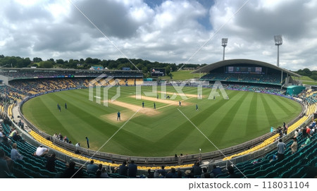 Wide view of cricket stadium during match. Cricket match in progress at a stadium with a lush green pitch, players in action, and a crowd watching from the stands. 118031104