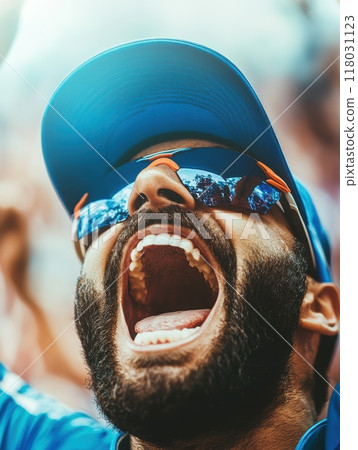 Close-up of cricketer yelling in triumph, sunglasses reflecting the cheering crowd, capturing the raw emotion of victory. 118031123
