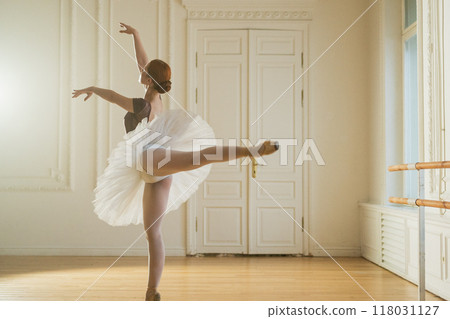 Young ballerina in tutu skirt dancing practicing ballet positions in dance class. Young classical dancer woman in dance studio. Ballet class training. Ballet school concept Young ballerina in tutu skirt dancing practicing ballet positions in dance class. Young classical dancer woman in dance studio. Ballet class training. Ballet school concept 118031127