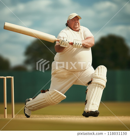 Overweight Cricketer in Action. Overweight cricket player in motion on field, playing, making powerful shot, defying stereotypes 118031130