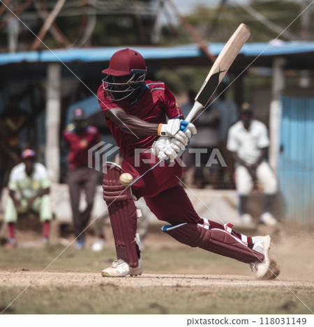 Focused cricketer in maroon uniform in motion, playing in local match, showing skills and determination 118031149